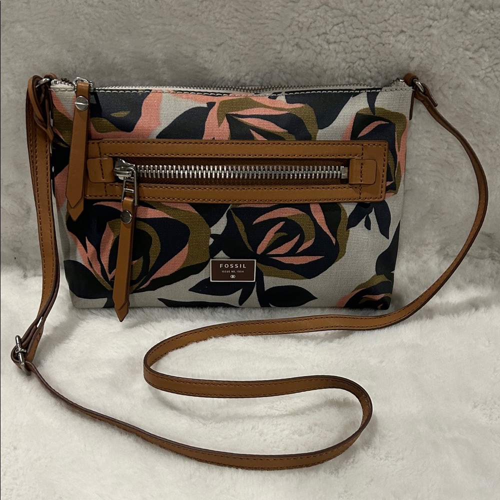 Fossil Crossbody Bag with Floral Pattern - Black, Pink, Tan